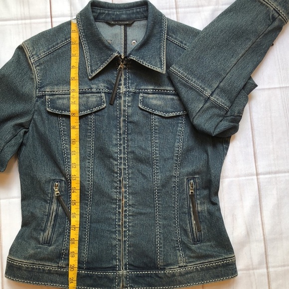 Vintage Elie Tahari Tapered Fitted Blue Denim Jacket Faux Leather Women's Small - Picture 12 of 16